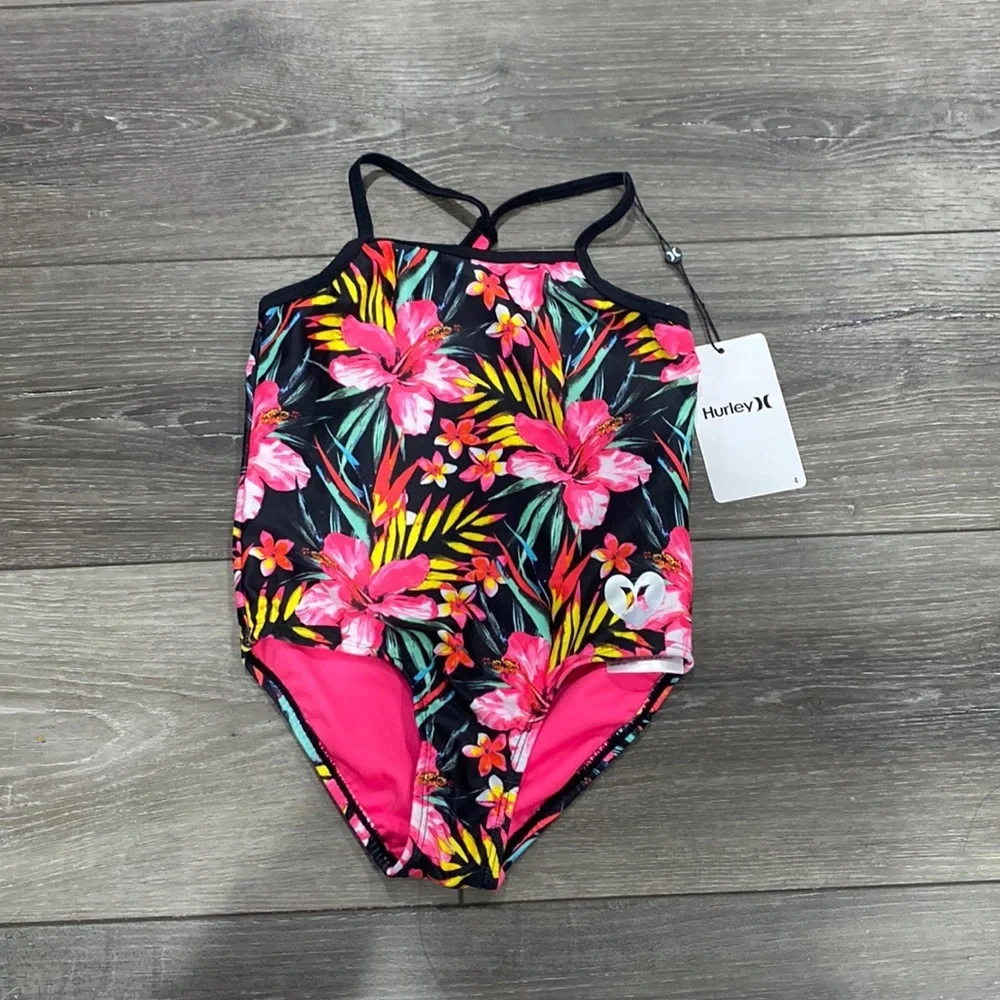 NWT! Hurley Youth Girls Size 4 Black Pink‎ One Piece Swimsuit
